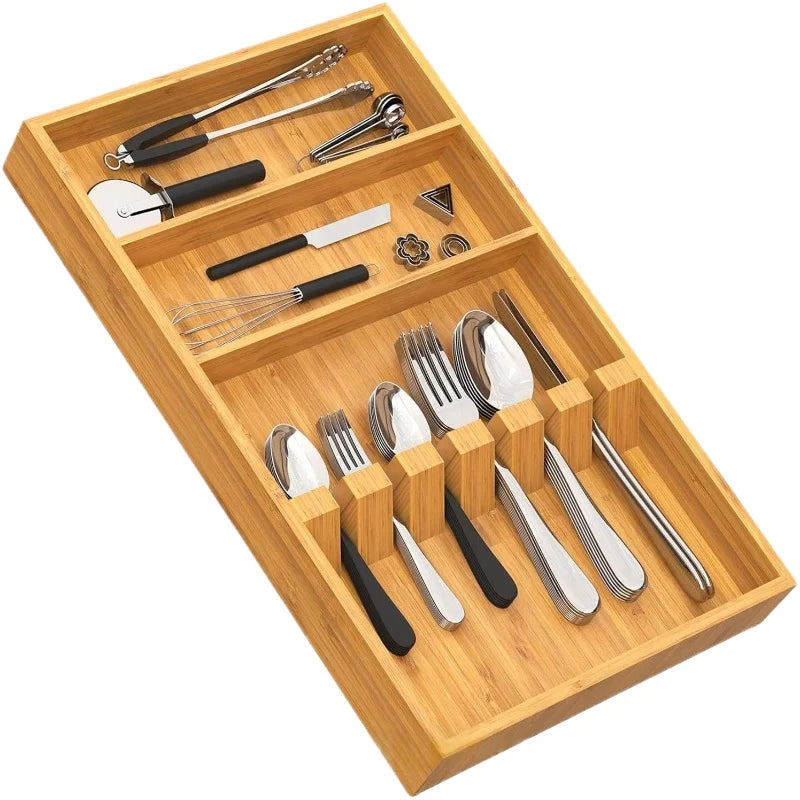 Modern Bamboo Drawer Organizer Silverware Tray with Card Slots Utensil Holder for Kitchen Food Storage