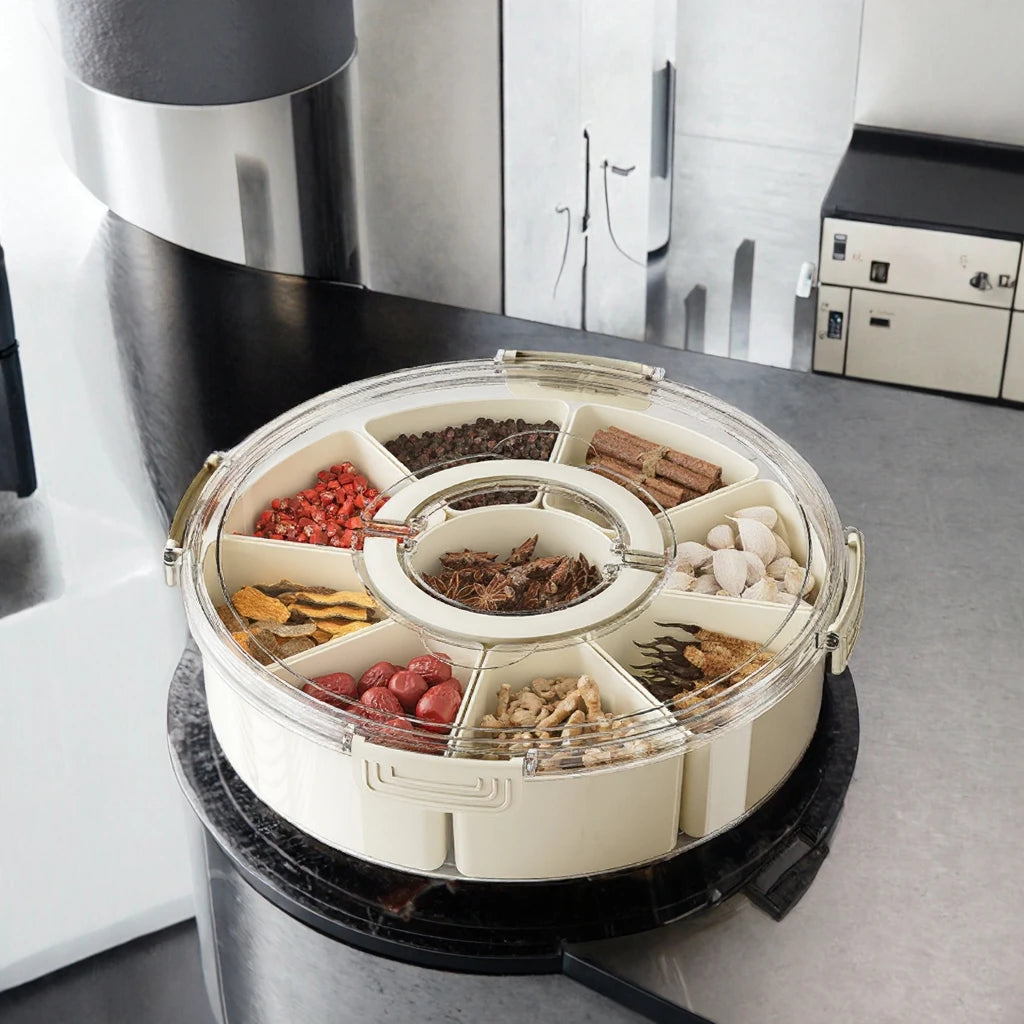 Modern Round Divided Snack Box Container with Portable Lid Handle Fresh Keeping Plastic Food Storage Tray for Snacks Beverages