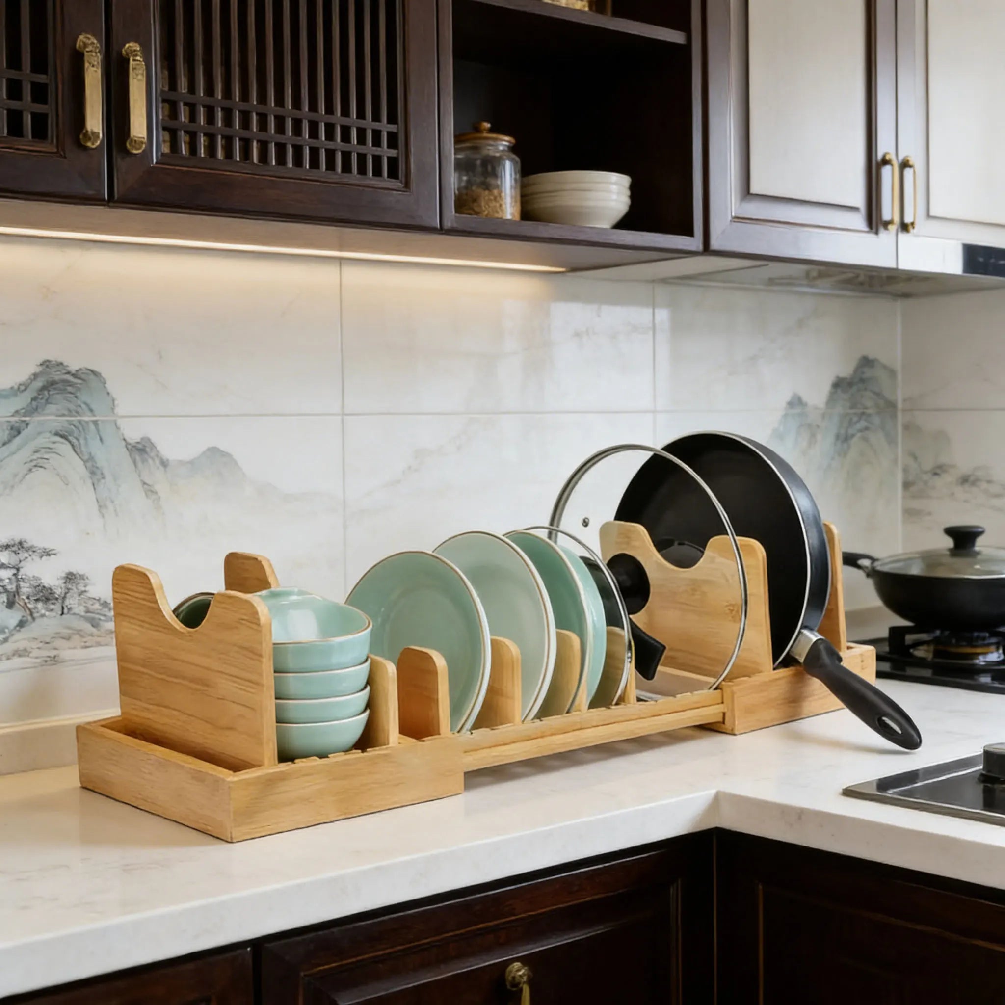 Bamboo Expandable Bakeware Pots and Pans Organizer Under Cabinet Organizers Adjustable Pot Lids Holder Rack for Kitchen Storage