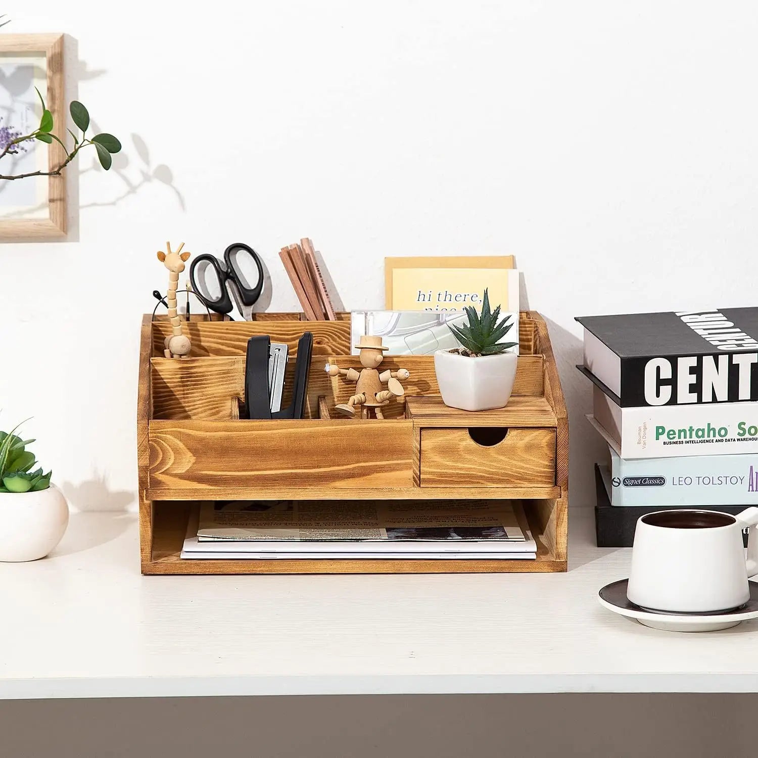 Wooden Rectangular Stackable Desktop Drawer Storage Box with File Organizer Pen Holder Office Decoration Set for Office Bedroom