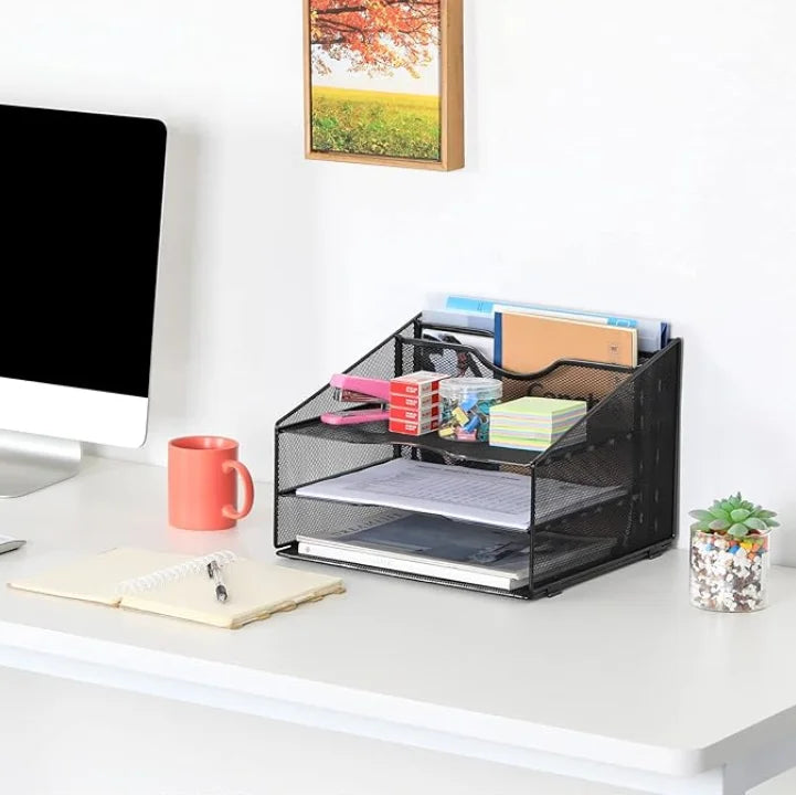 Metal Mesh 3-Tier 5-Compartment Desktop Organizer with 2 Vertical File Holders and 3 Horizontal Paper Trays Desktop Organizer