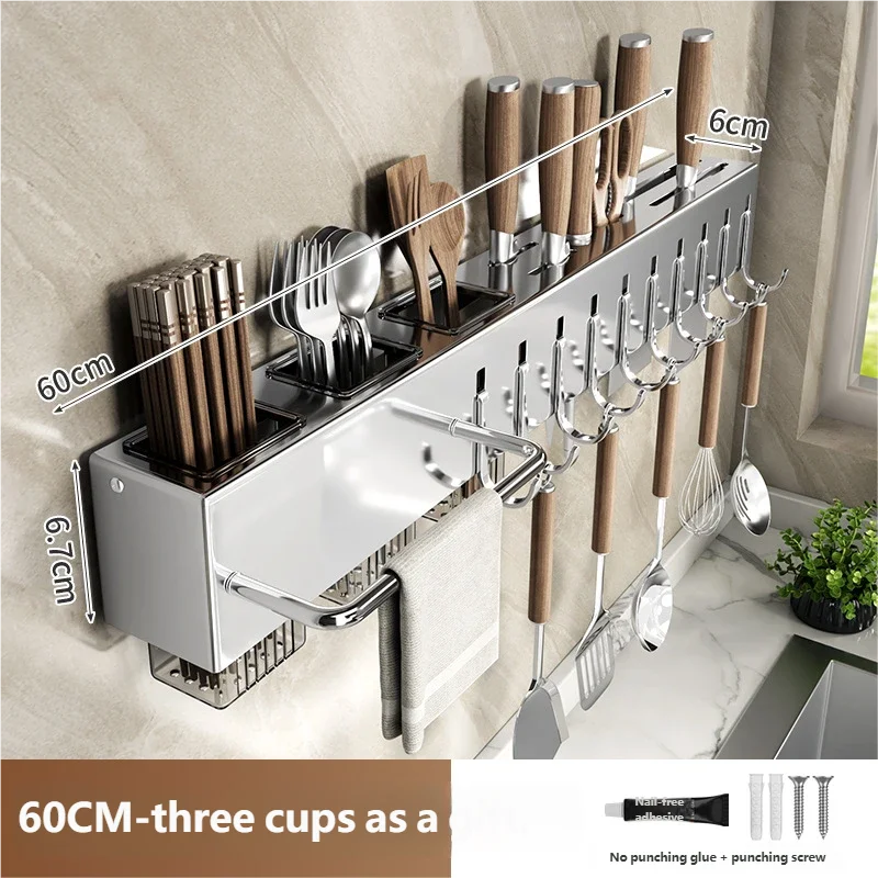 Wholesale Multi-Functional Stainless Steel Wall-Mounted Knife Chopstick Holder No-Drill Kitchen Utensil Storage Rack
