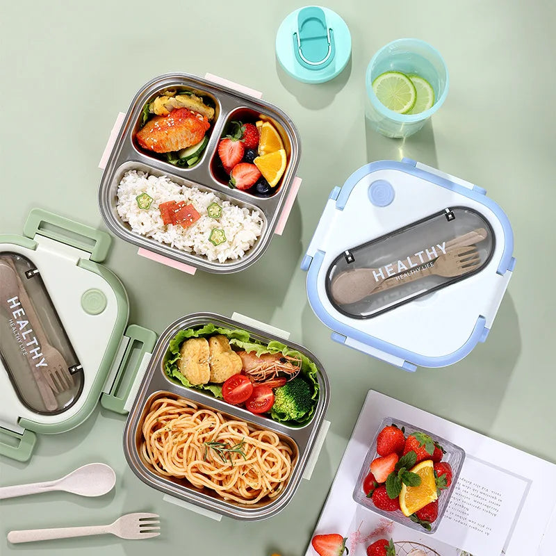 Square 304 Stainless Steel Bento Box 2-3 Compartments Leak Proof Portable Lunch Box Food Storage Container