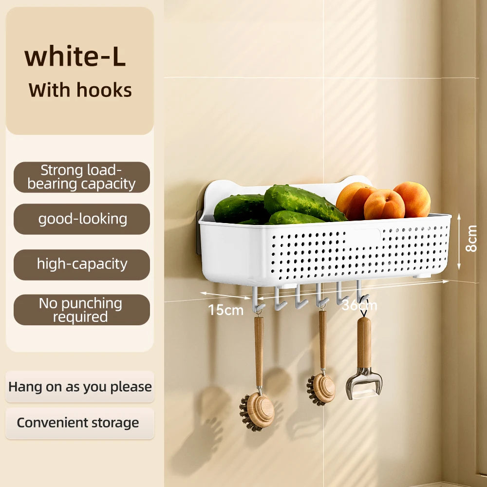 CHENGYAN Wall Hanging Storage Basket for Kitchen Pilastic Organizer with 4/6 Hooks Storage Container Spice Racks (White/Green/)