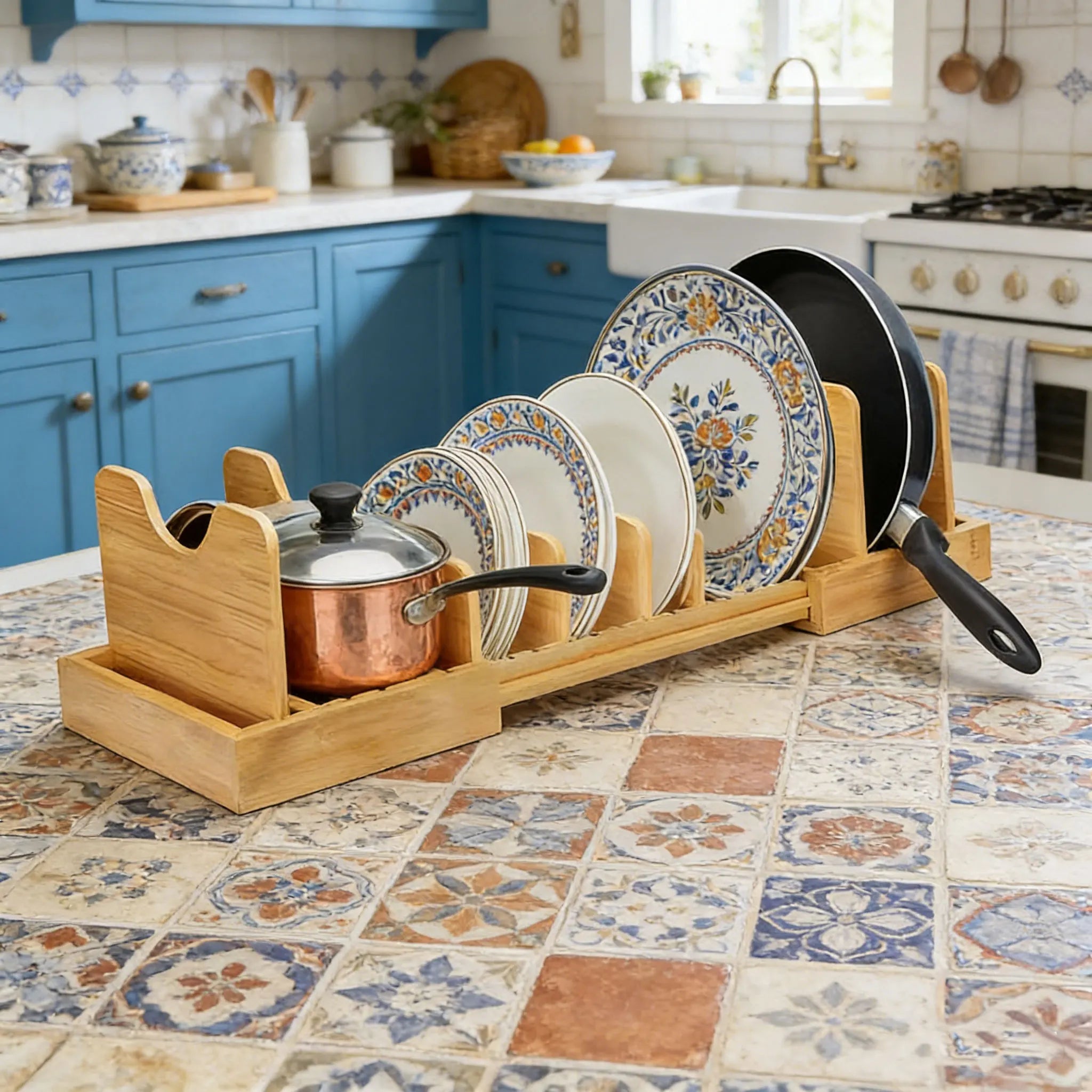 Bamboo Expandable Bakeware Pots and Pans Organizer Under Cabinet Organizers Adjustable Pot Lids Holder Rack for Kitchen Storage