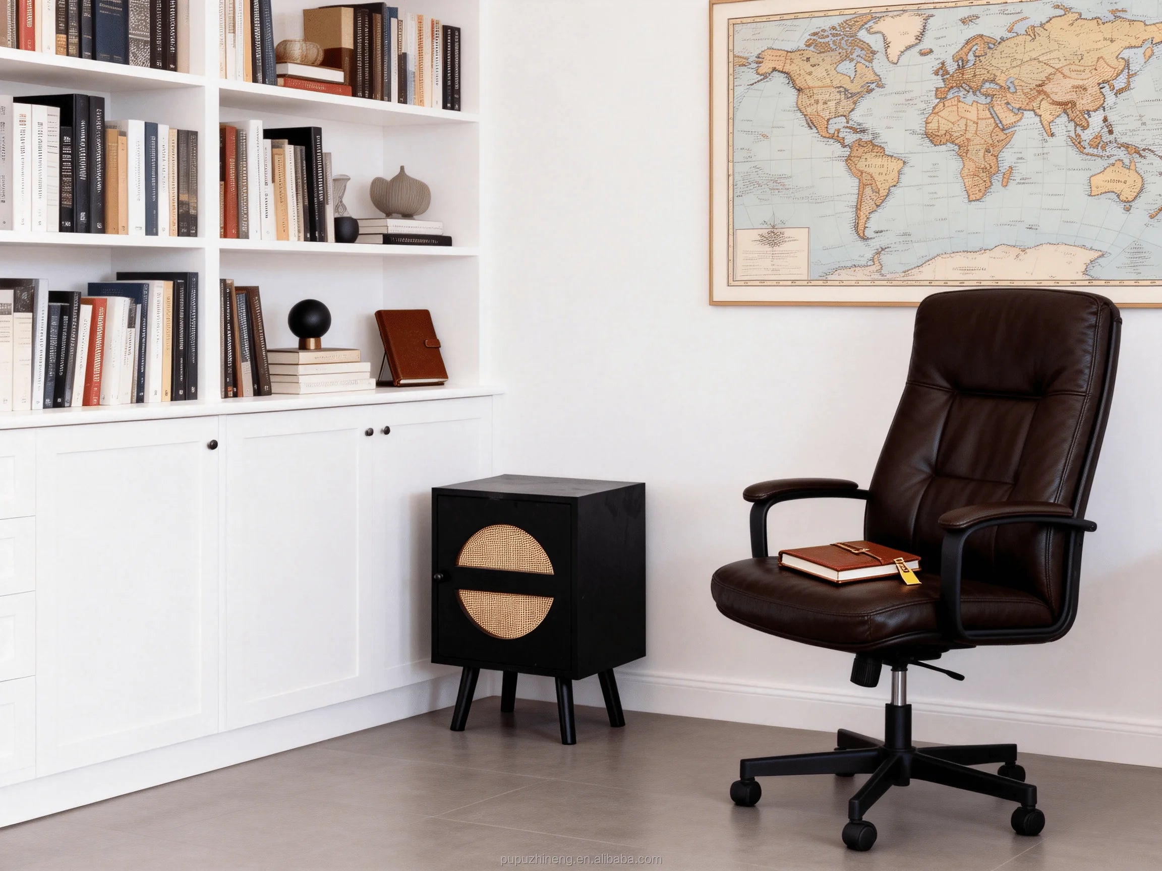 Wooden Bedside Table Natural Light Rattan Accent Matte Black Modern Minimalist Apartment Storage Side Table 15mm PB Board