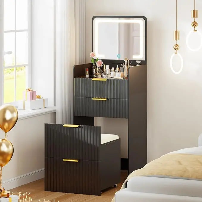 PHOENIX HOME 3-in-1 Compact Makeup Vanity Set Small Fluted Black Nightstand 3 Drawers Hidden Dressing Table for Bedroom