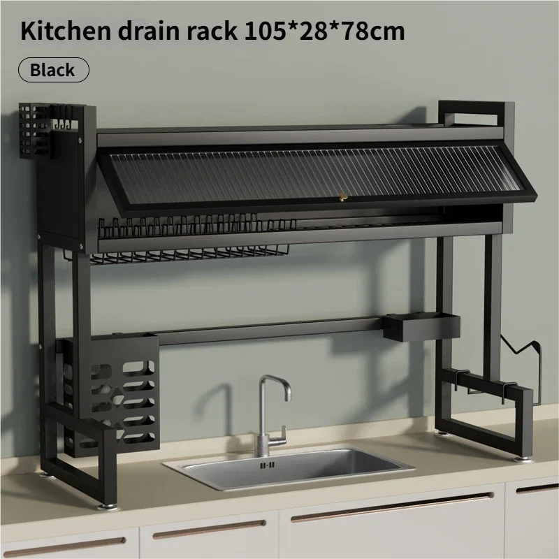 Over the Sink Dish Drying Rack Dish Drainer Racks with Dust-proof Cabinet Door Space-Saving Kitchen Organizer for Dishes