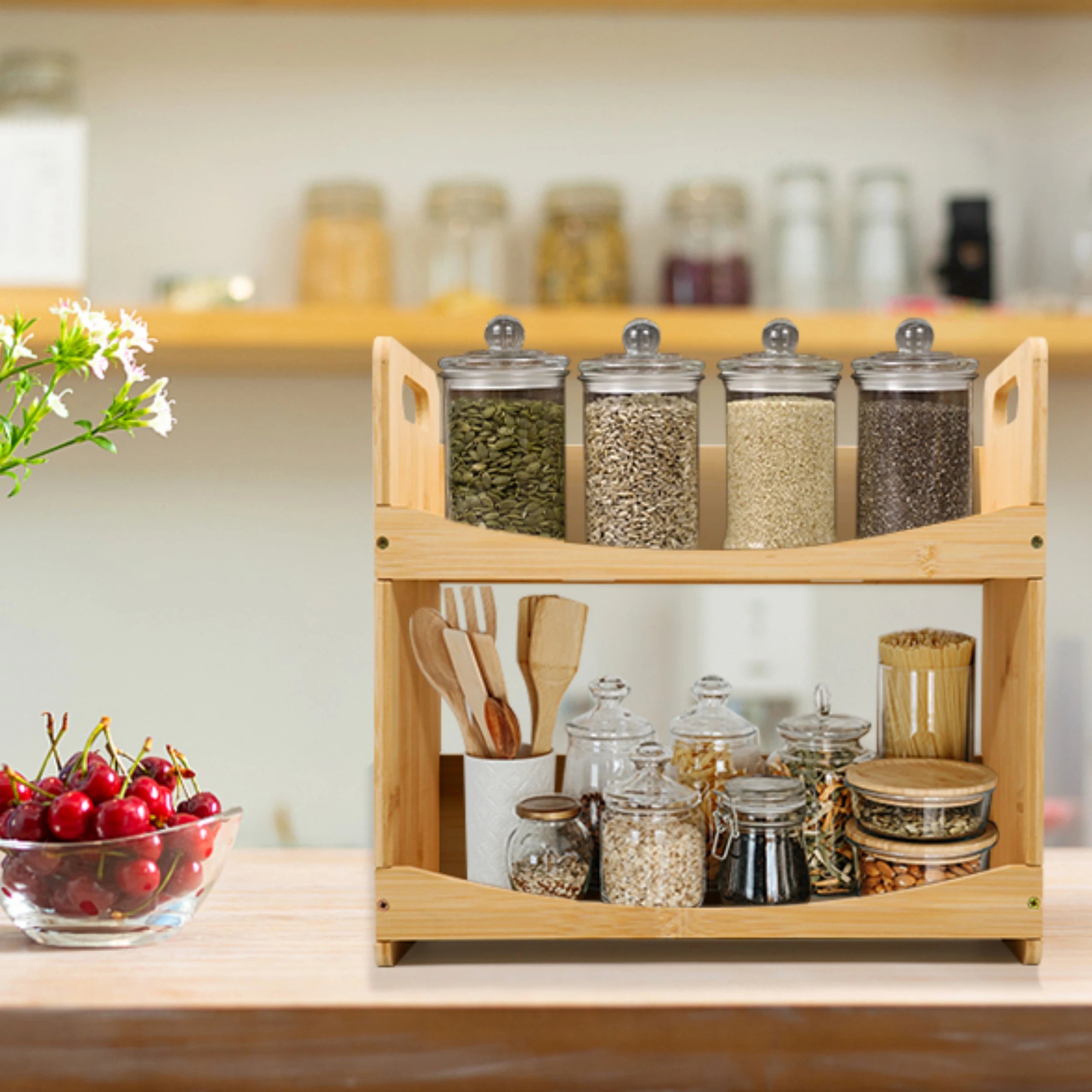 Bamboo 2-Tier Folding Eco-Friendly Vintage Spice Organizer Rack for Kitchen Pantry Office Storage