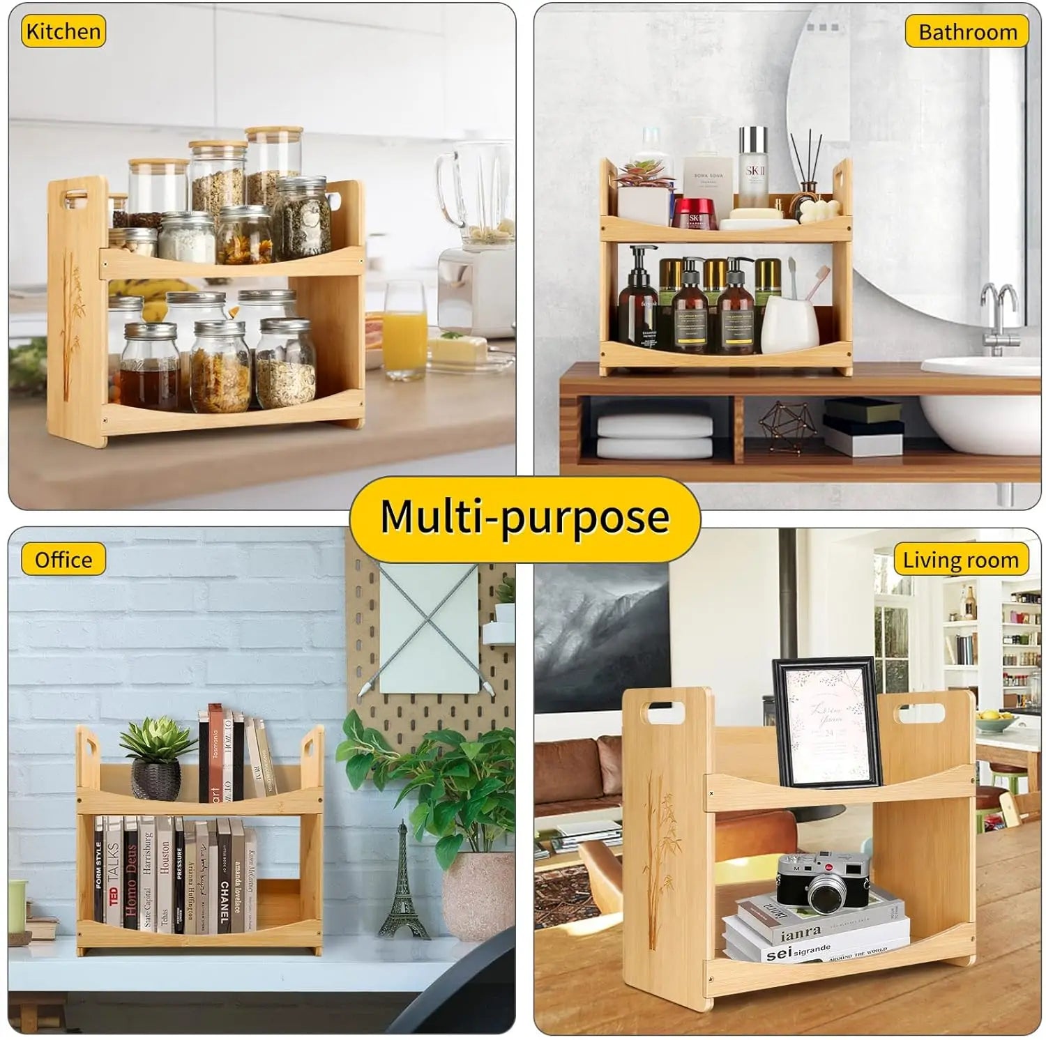 Bamboo 2-Tier Folding Eco-Friendly Vintage Spice Organizer Rack for Kitchen Pantry Office Storage