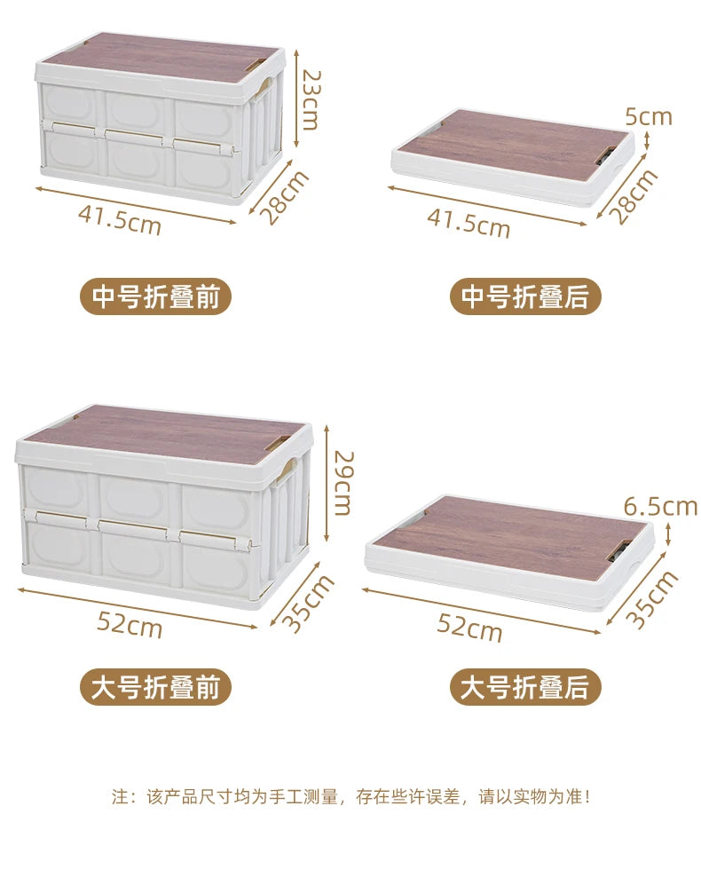 Foldable Plastic Storage Box Stackable Kitchen Tools for Camping Home Car Storage With Wooden Lid Cover