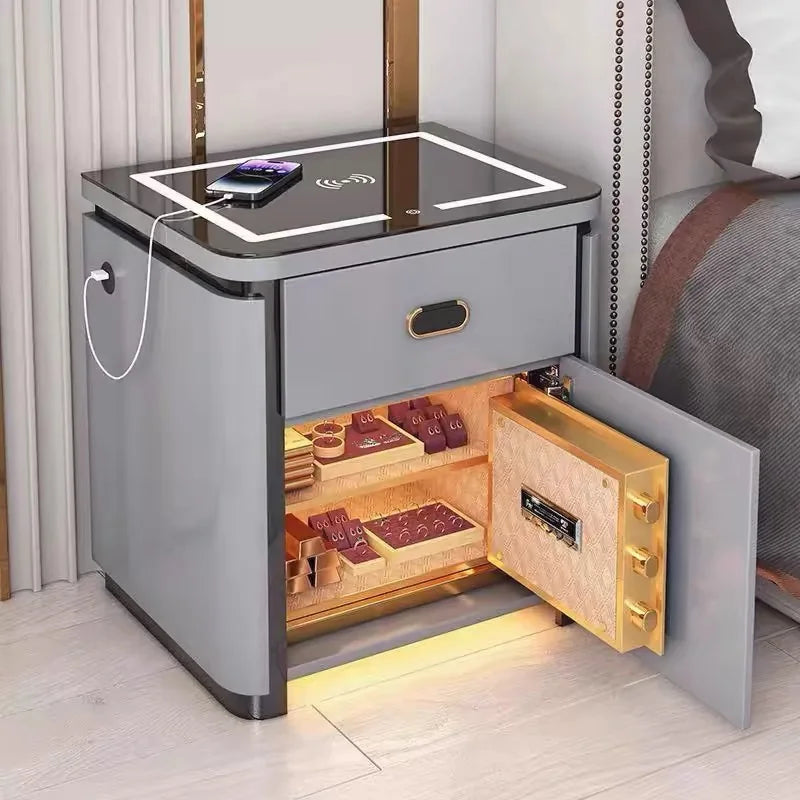 Smart Bed Side Storage Table Wireless Charging 3 Drawers Safe Fingerprint Lock Led Light Cabinet Bedroom Furniture Wholesale