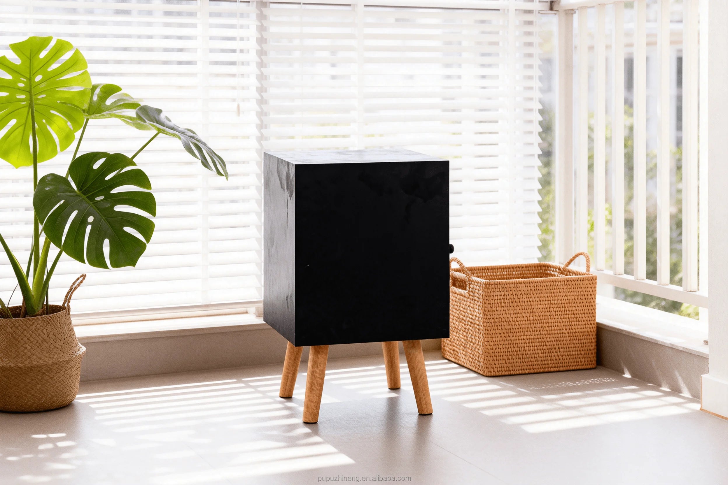 Wooden Bedside Table Natural Light Rattan Accent Matte Black Modern Minimalist Apartment Storage Side Table 15mm PB Board