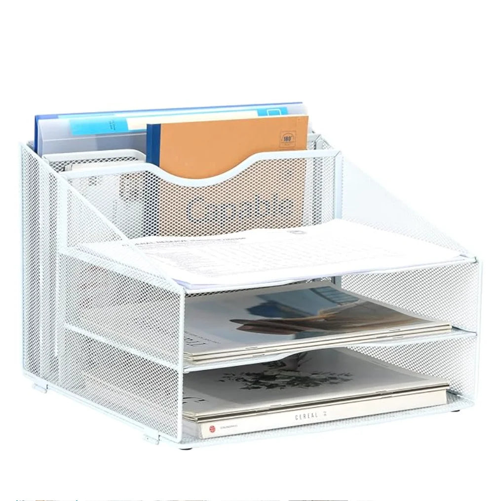 Metal Mesh 3-Tier 5-Compartment Desktop Organizer with 2 Vertical File Holders and 3 Horizontal Paper Trays Desktop Organizer