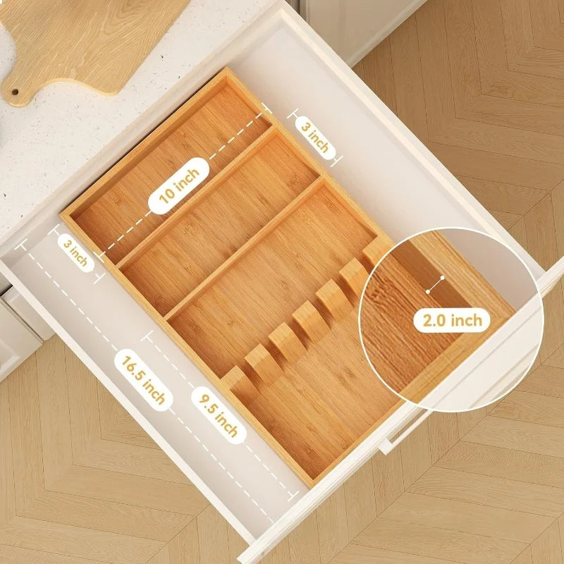 Modern Bamboo Drawer Organizer Silverware Tray with Card Slots Utensil Holder for Kitchen Food Storage