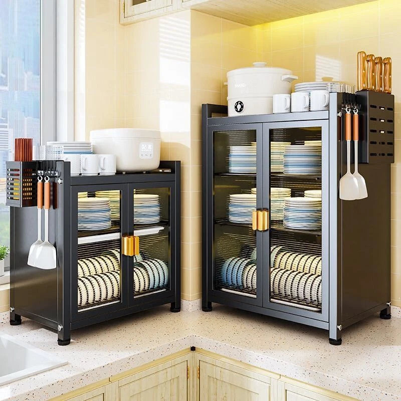 Three Layer Large Capacity Kitchen Steel Storage Holders Storage Shelf Dustproof Kitchen Storage Cabinet With Doors