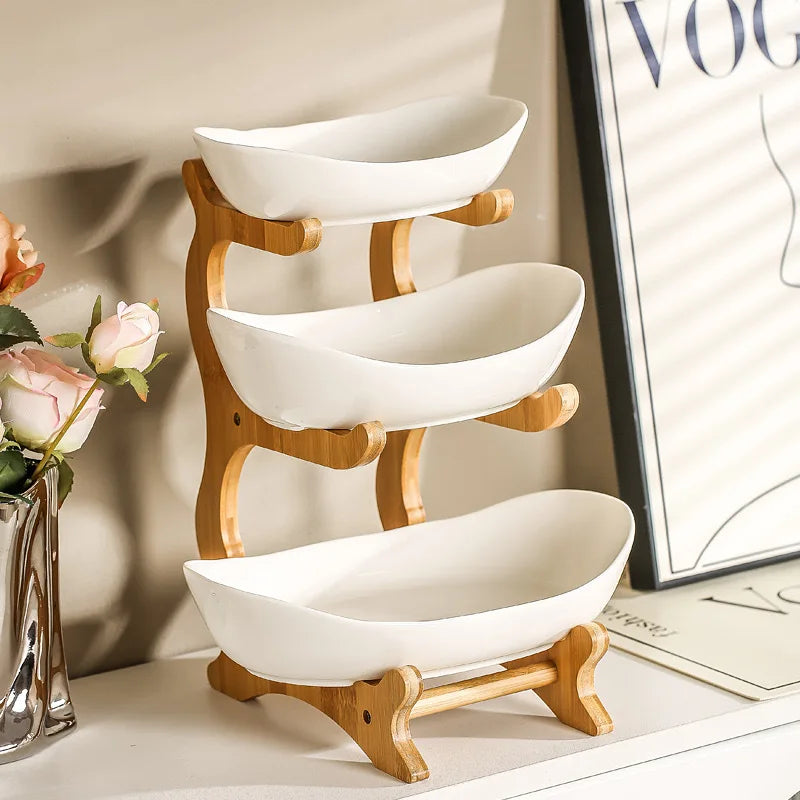 202510 Creative European-Style Three-Layer Fruit Plate Bamboo Rack Household Snack Tray Storage Trays