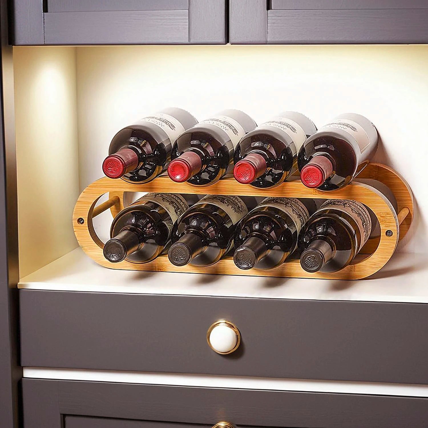 Bamboo Double Tier Kitchen Countertop & Cabinet Organizer Rack for Wine and Water Bottles Storage in Living Room