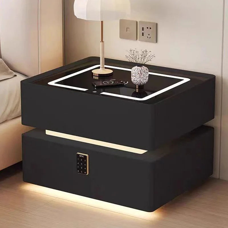 2025 MYUZ Bedroom Floating Nightstand Glass Sustainable Modern Luxury Smart Multifunctional Wireless LED Light Food