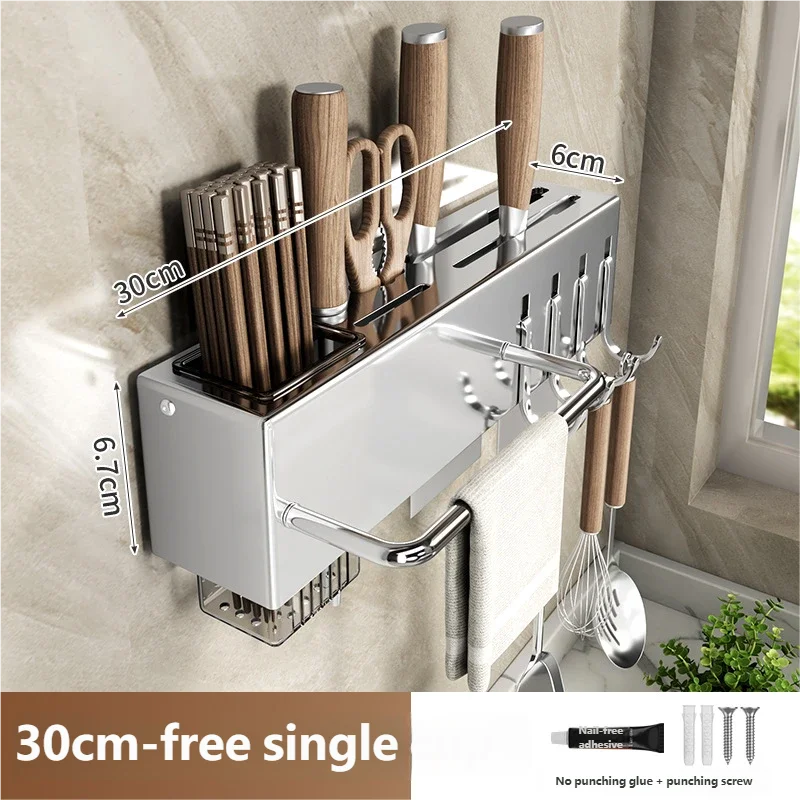 Wholesale Multi-Functional Stainless Steel Wall-Mounted Knife Chopstick Holder No-Drill Kitchen Utensil Storage Rack