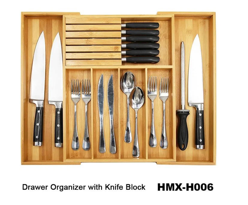 Homex| Ready to Ship Natural Bamboo Drawer Organizer Cutlery Storage Tray Kitchen Cutlery Organizer with Knife Holder