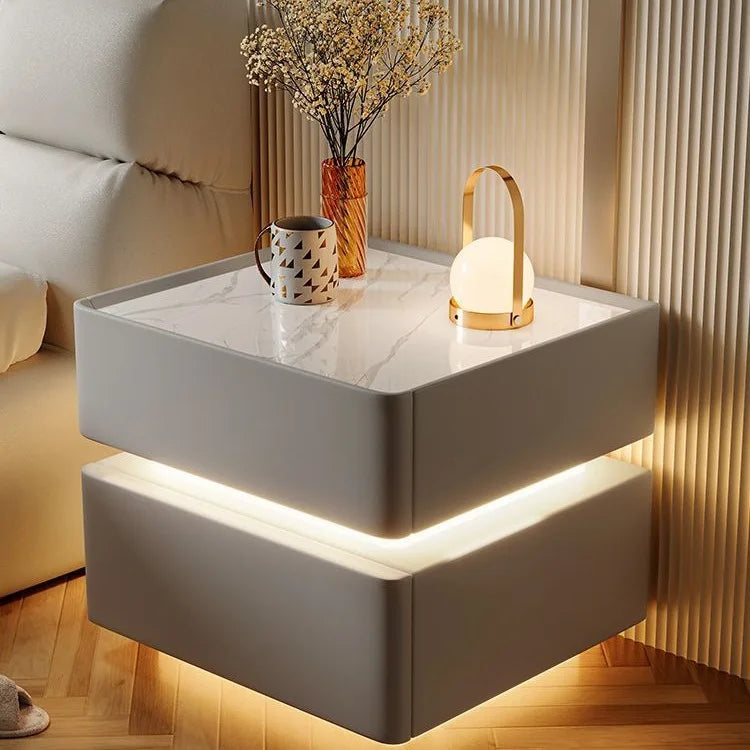 2025 MYUZ Bedroom Floating Nightstand Glass Sustainable Modern Luxury Smart Multifunctional Wireless LED Light Food