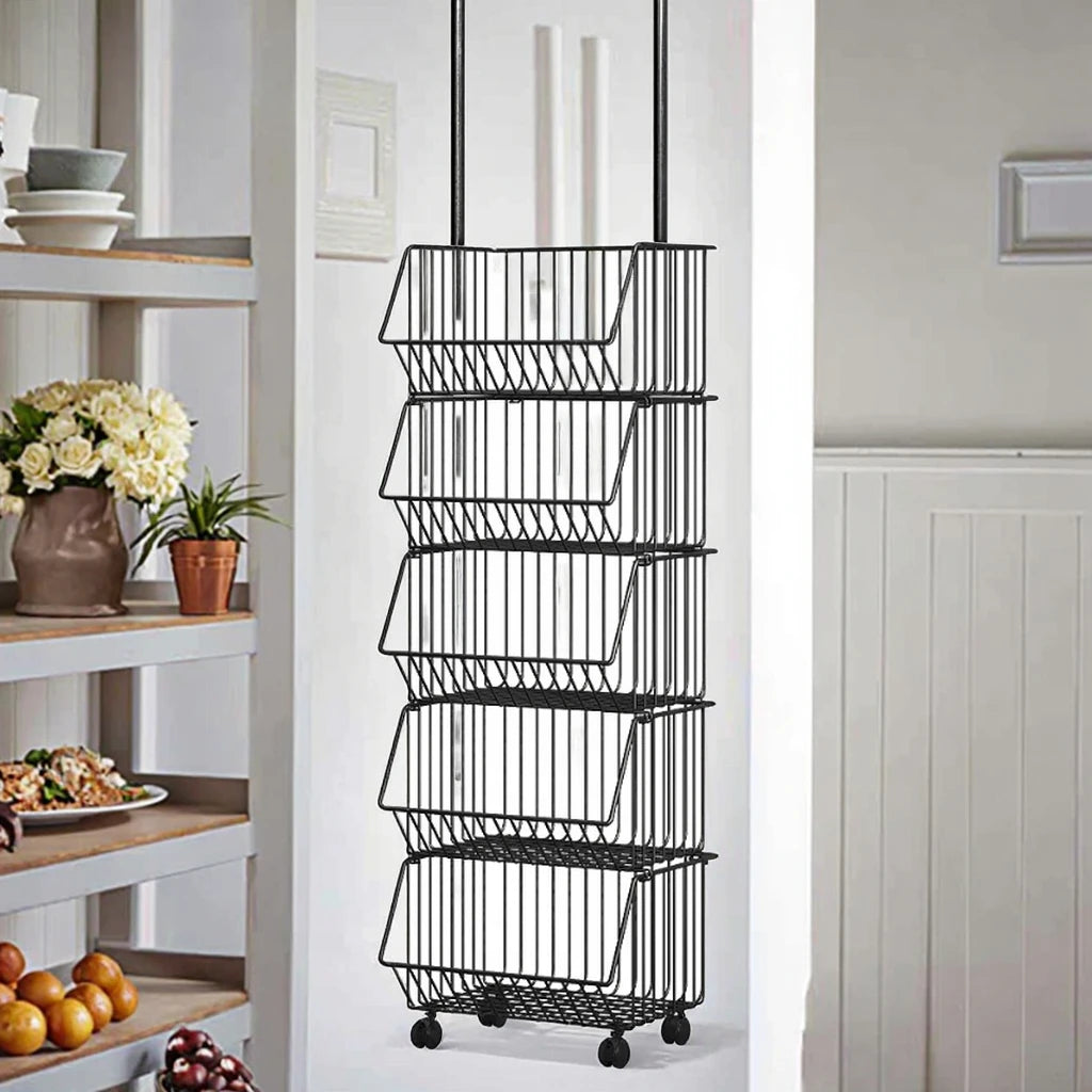Modern Simple Floor Standing 5-Tier Non-Folding Movable Kitchen Storage Rack for Home Use