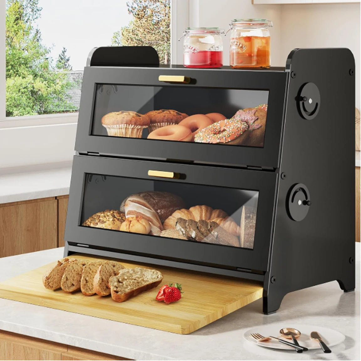 Wood Bread Box - Kitchen Countertop Bread Storage Container with Bamboo Cutting Board, Adjustable Vent Hole Dials, Black