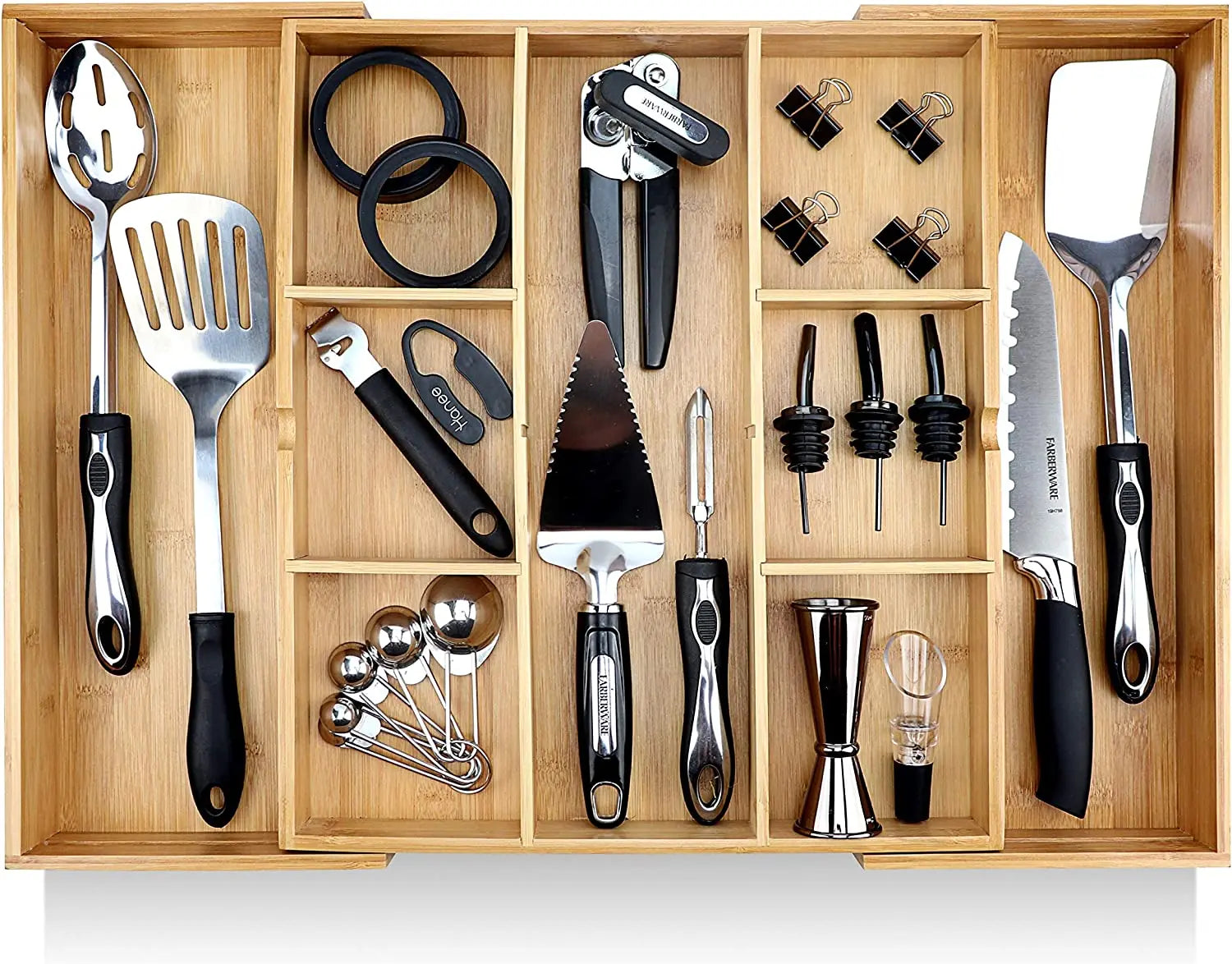 Bamboo Expandable Drawer Organizers Knife Box Tool Storage for Kitchen Storage - Extra Deep Non-Slip (expands up to 25 Inches)