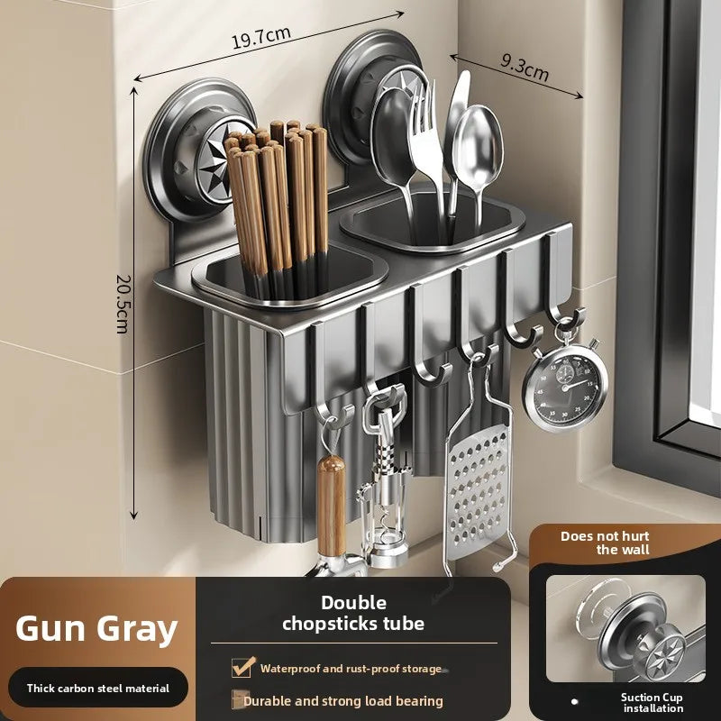 Multi-Functional No-Drill Wall-Mounted Metal Suction Cup Holder Chopstick Cage Knife Towel Storage Kitchen Wall Rack Organizer