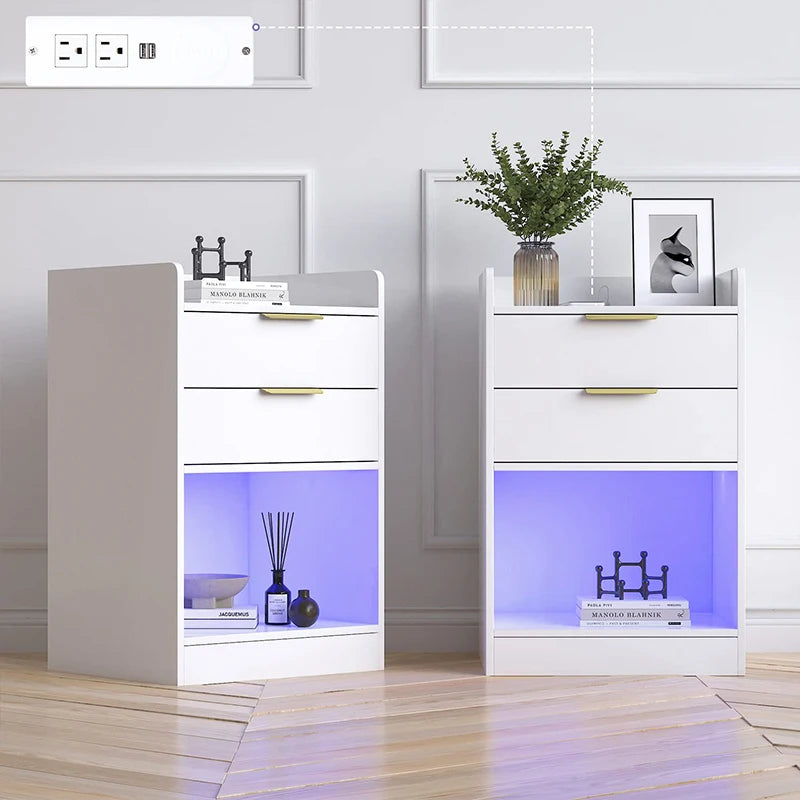 High Quality Slim Wooden Nightstand with LED Charging Station Unique Multifunctional Bedside Table for Bedroom or Home