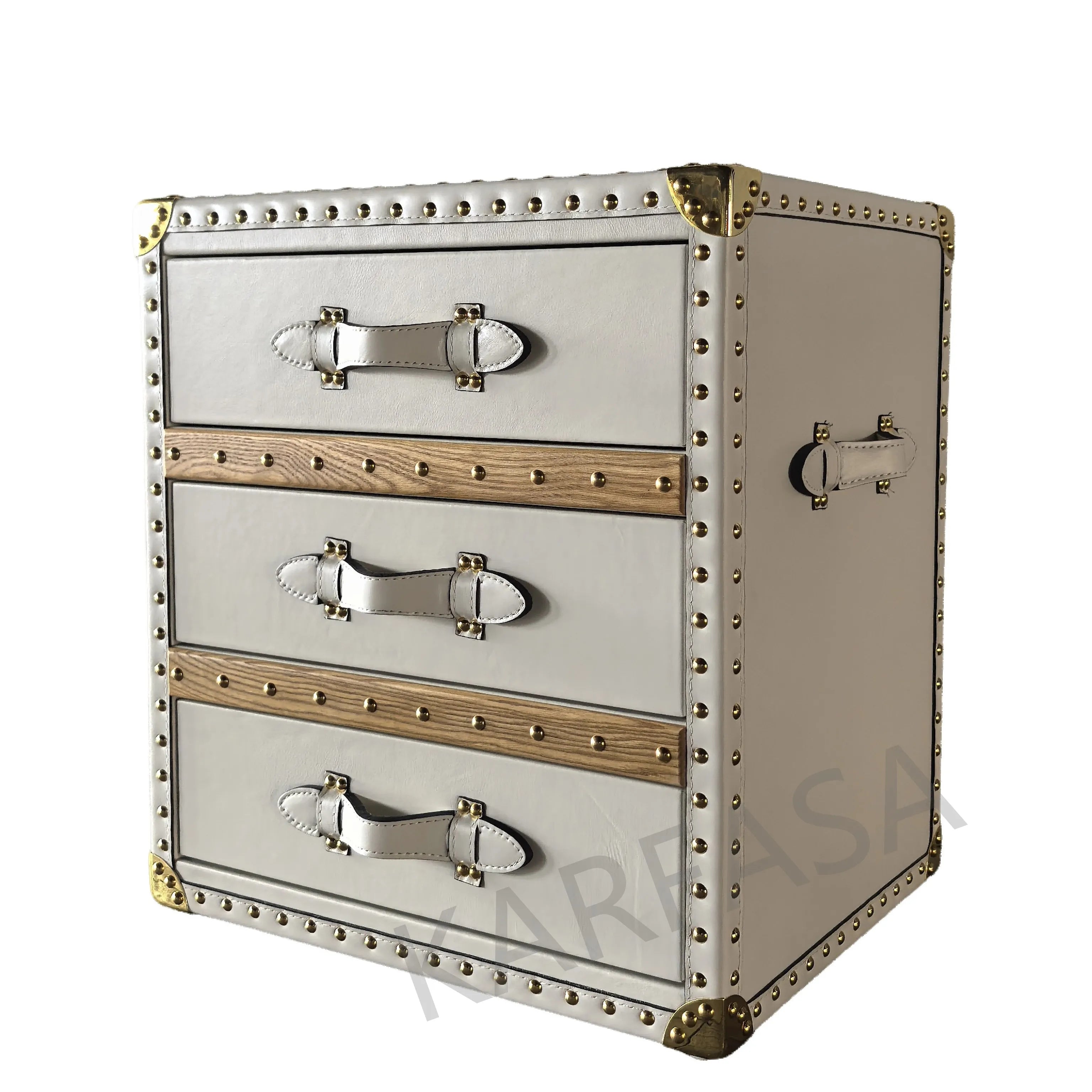 Industrial Side Cabinet Bedside Table 3 Drawers Leather Storage Box Stylish Golden Mushroom Nail Design for Home Bar Bedroom