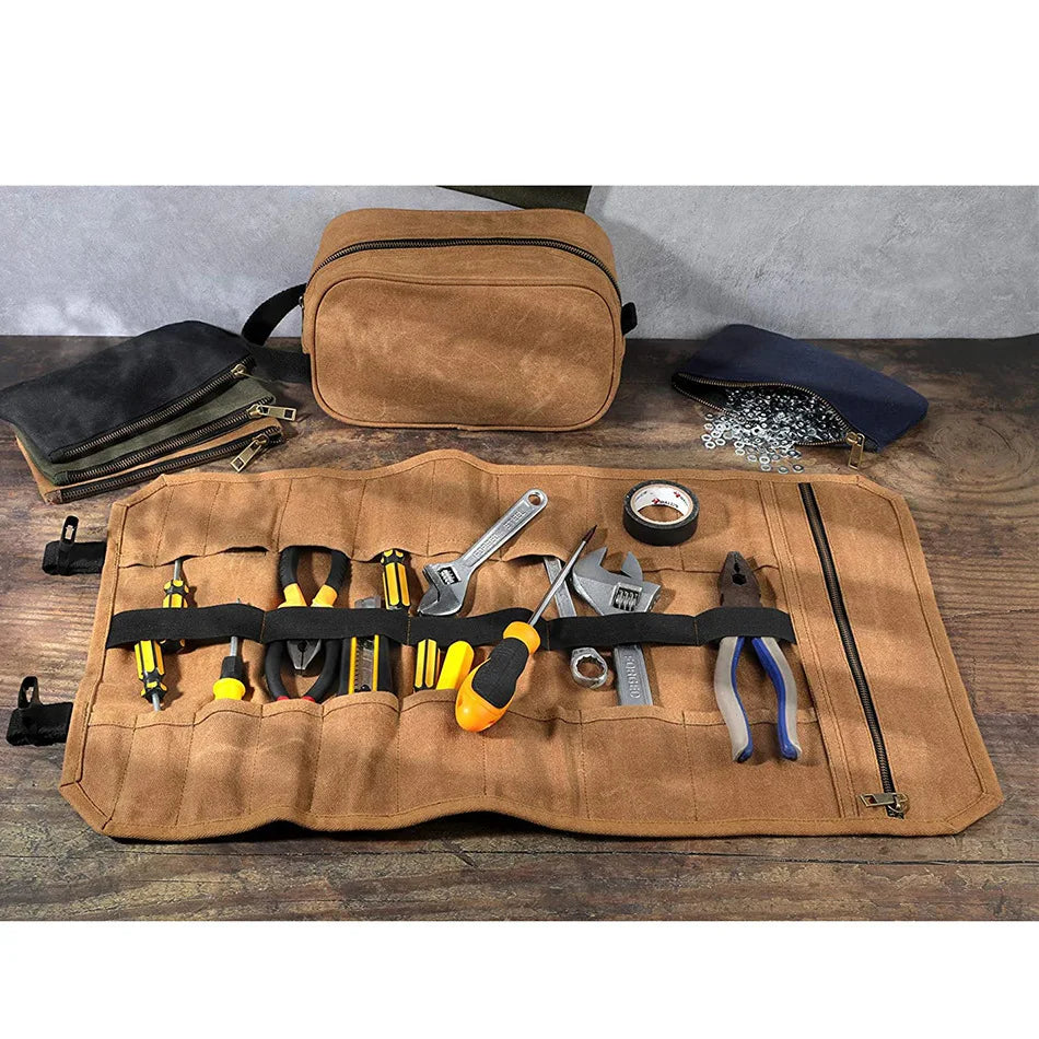 Durable Waxed Canvas Tool Roll Bag Easy to Carry Roll up Tool Bag with 18 Slots Heavy Duty Tool Roll Bag Organizer