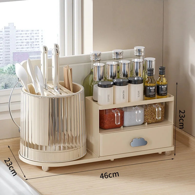 Multilayer Kitchen Storage Organizer with Rotating Utensil Holder - Condiment & Spice Rack with Drawer Spice Jar Organizer