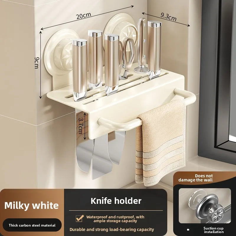Multi-Functional No-Drill Wall-Mounted Metal Suction Cup Holder Chopstick Cage Knife Towel Storage Kitchen Wall Rack Organizer