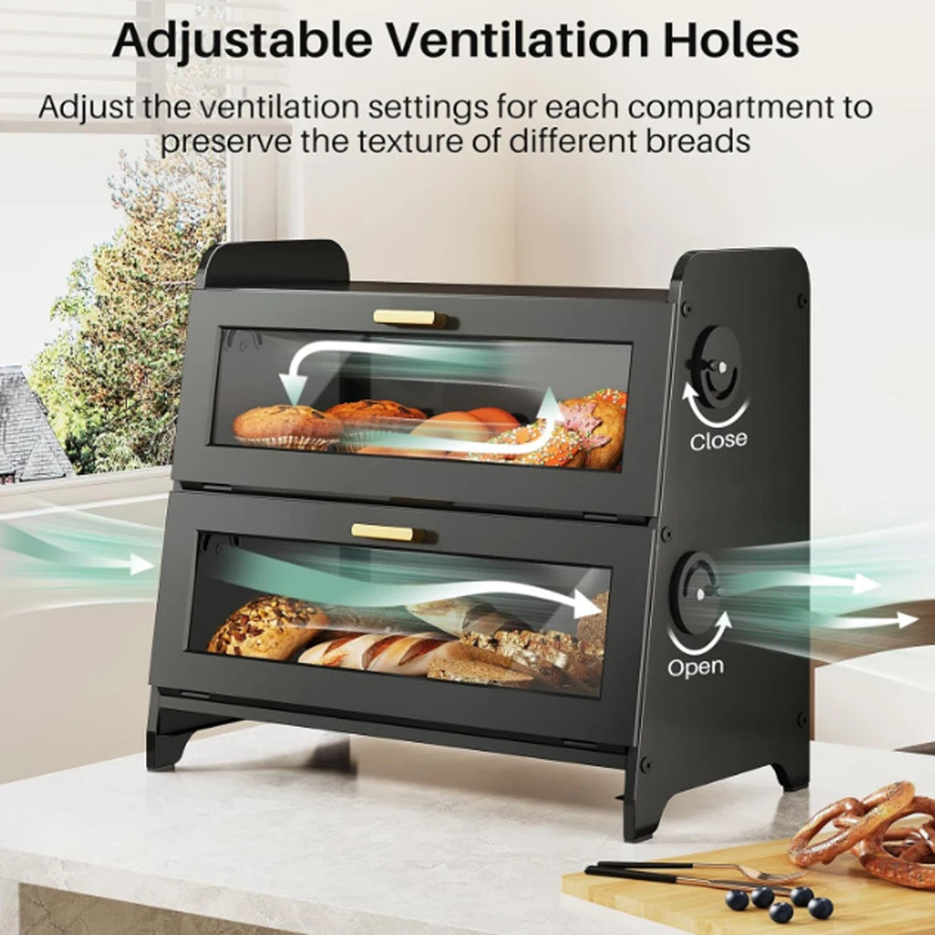 Wood Bread Box - Kitchen Countertop Bread Storage Container with Bamboo Cutting Board, Adjustable Vent Hole Dials, Black
