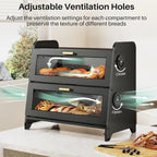 Wood Bread Box - Kitchen Countertop Bread Storage Container with Bamboo Cutting Board, Adjustable Vent Hole Dials, Black