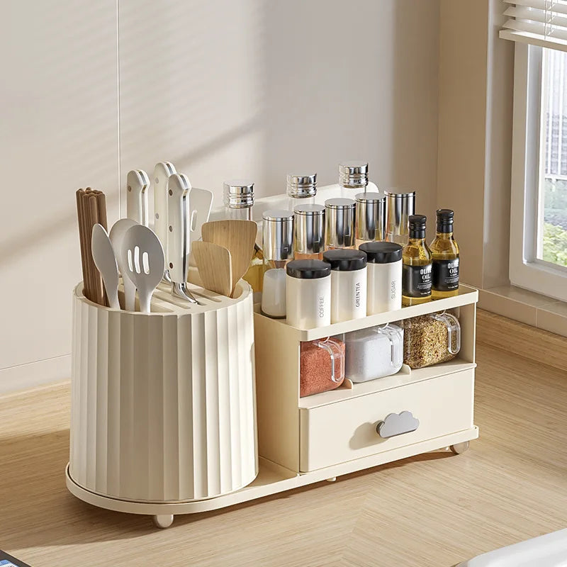 Multilayer Kitchen Storage Organizer with Rotating Utensil Holder - Condiment & Spice Rack with Drawer Spice Jar Organizer