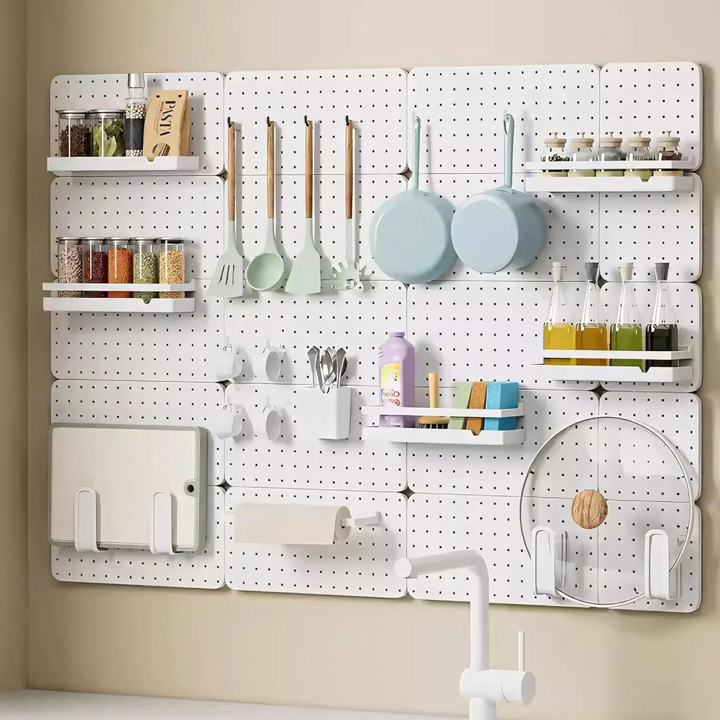 White Metal Kitchen Pegboard Organizer Wall Mounted Storage Panel with Hooks and Accessories - Rack Board for Home Space Saving