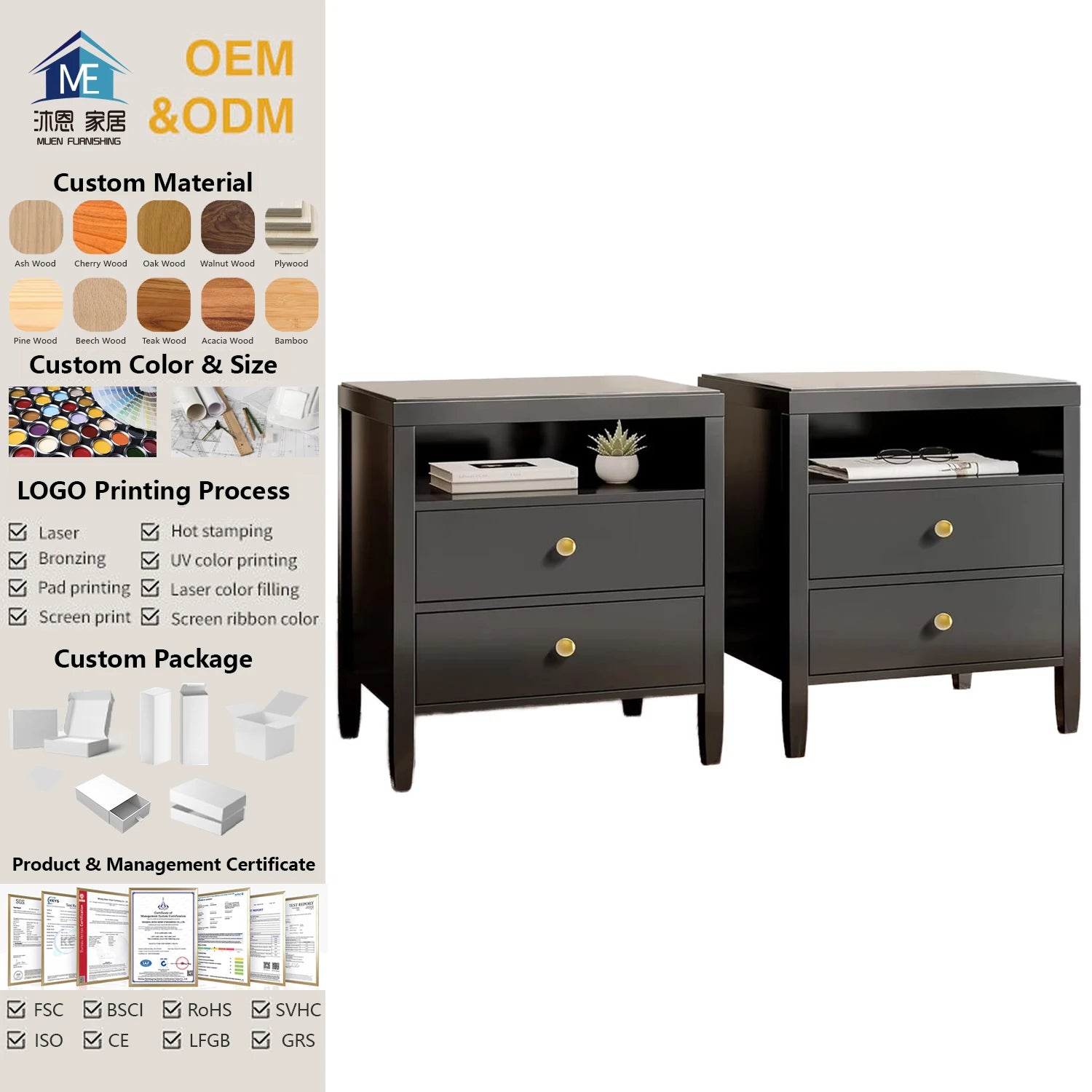 Modern 2-Drawer Bedside Nightstand Painted Surface for Bedroom Storge Cabinet
