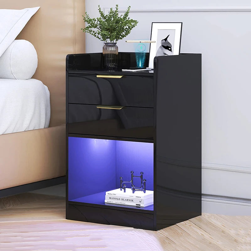 High Quality Slim Wooden Nightstand with LED Charging Station Unique Multifunctional Bedside Table for Bedroom or Home