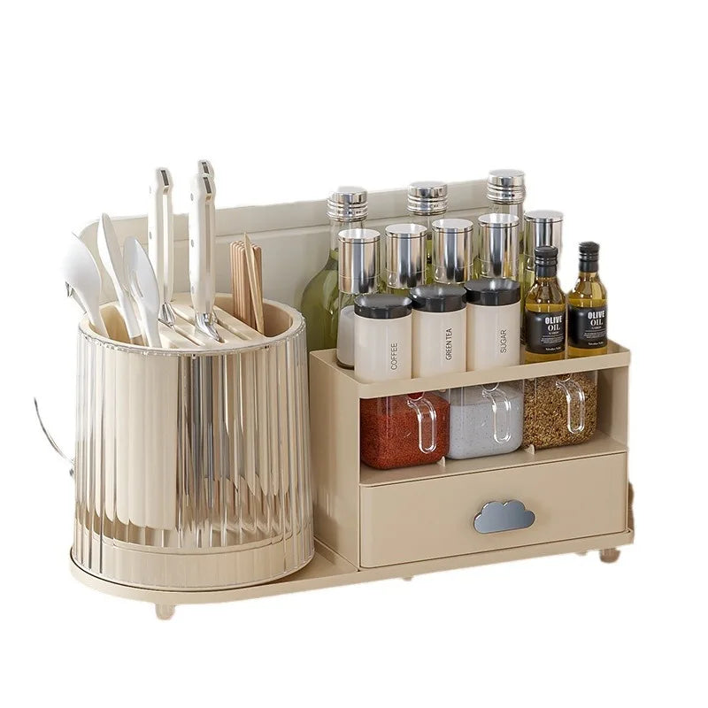 Multilayer Kitchen Storage Organizer with Rotating Utensil Holder - Condiment & Spice Rack with Drawer Spice Jar Organizer