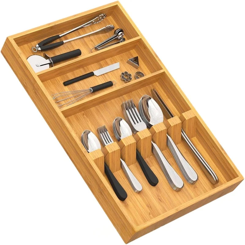 Modern Bamboo Drawer Organizer Silverware Tray with Card Slots Utensil Holder for Kitchen Food Storage