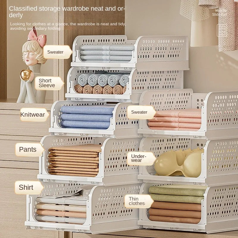 NBD-N6921 Stackable Foldable PP Clothing Organizer Storage Basket for Closet Drawer Shelf Container Box Wardrobe Kitchen Office