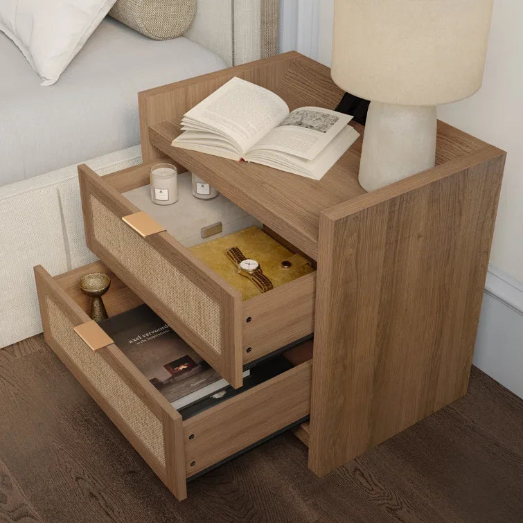 Nightstand (Set of 2) Rattan Nightstand Comes with 2 Power Outlets, 1 Type-C Port Elegant Boho Design Nightstand