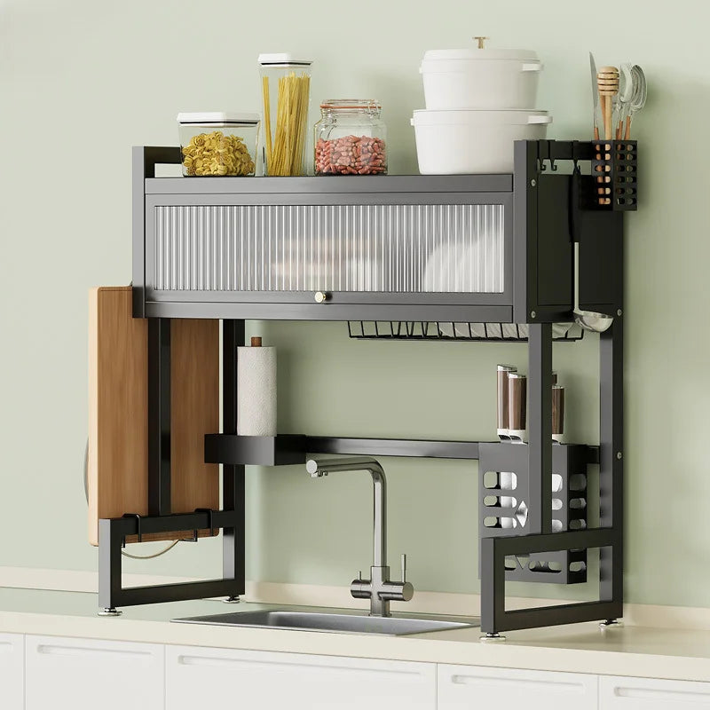 Over the Sink Dish Drying Rack Dish Drainer Racks with Dust-proof Cabinet Door Space-Saving Kitchen Organizer for Dishes