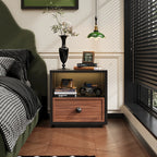 Minimalist Steel Bedside Table Simple Design Black Frame Wood Grain Panel