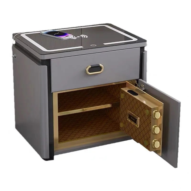 Smart Bed Side Storage Table Wireless Charging 3 Drawers Safe Fingerprint Lock Led Light Cabinet Bedroom Furniture Wholesale