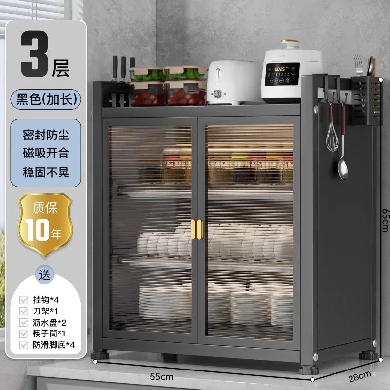 Three Layer Large Capacity Kitchen Steel Storage Holders Storage Shelf Dustproof Kitchen Storage Cabinet With Doors