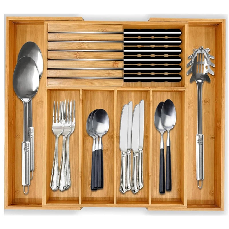 Homex| Ready to Ship Natural Bamboo Drawer Organizer Cutlery Storage Tray Kitchen Cutlery Organizer with Knife Holder